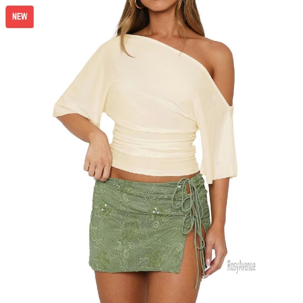 One Shoulder Cropped Top Summer Casual Off Shoulder Short Sleeve Tee